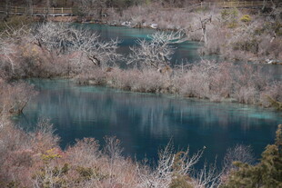 山间幽蓝湖水与萧瑟草木