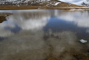 雪山下平静的清澈湖泊