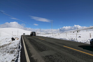雪后公路上行驶的车辆