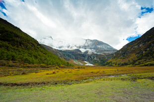 山间绿野与远处雪山美景