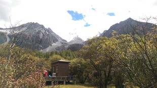 山间小屋隐于葱郁林木间