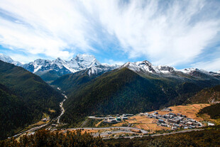 雪山下的山谷村落美景