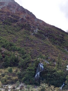 山间瀑布与葱郁植被景观