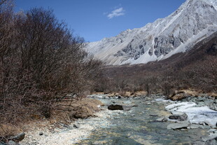 山间溪流伴雪岭风光