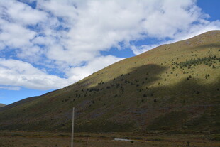 蓝天白云下的翠绿山坡