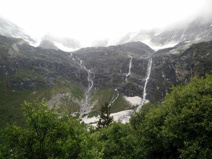 山间瀑布隐于葱郁植被间