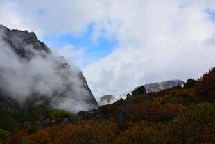 云雾缭绕的山间秋景 稻城