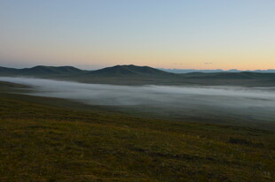 晨雾笼罩的草原与远山
