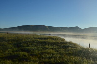 晨雾中的原野与远山