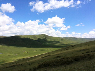 蓝天白云下的翠绿山丘