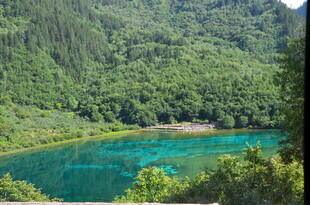 翠绿山林间的幽蓝湖泊