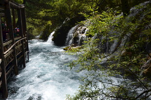 山间木桥旁湍急溪流