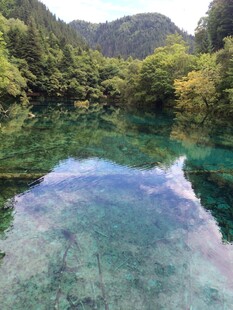 清澈如镜的山间碧绿湖水