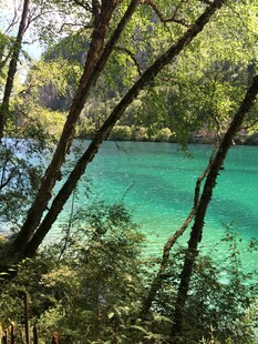 翠绿山林间的澄澈蓝湖