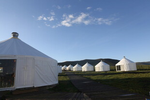 草原上的白色蒙古包群落