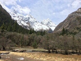 雪山下的山谷溪流美景