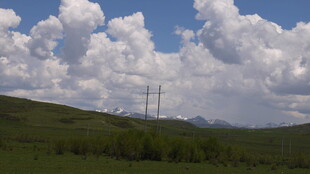 草原上的蓝天白云与电塔