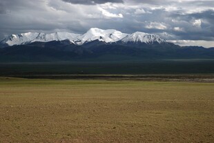 草原尽头的巍峨雪山