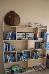 木质书架上摆满书籍杂物