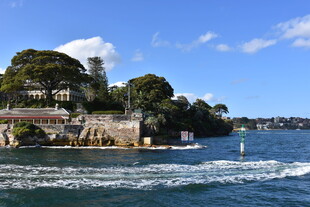 海滨风光 碧波绿树相映