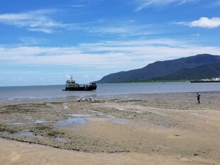 海边沙滩上的船只与行人