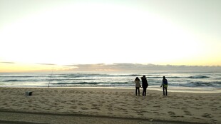 海滩漫步的温馨三人身影