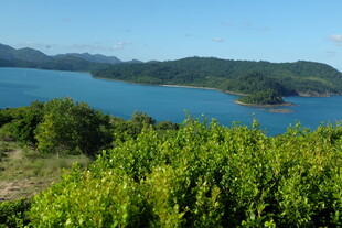 青山环抱的蓝色湖泊风光