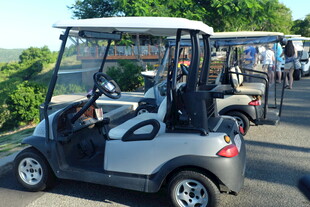 银色高尔夫球车在路上行驶