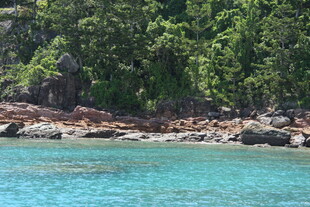 海边翠绿山林与澄澈海水