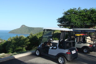 海边道路上的几辆高尔夫球车