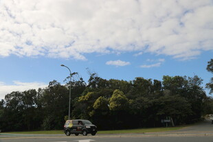 公路旁绿树蓝天的车辆景象