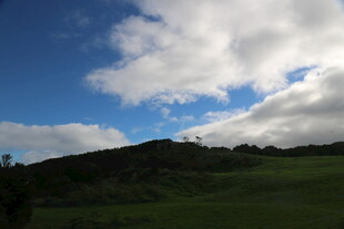 蓝天白云下的绿色山丘