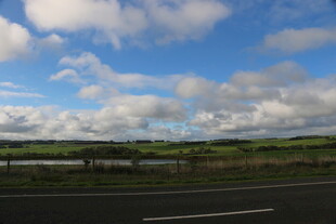 公路边的蓝天绿地与云朵