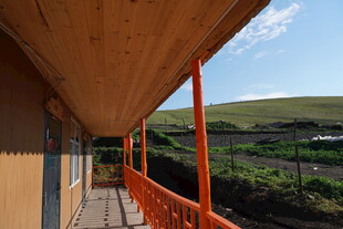 木质走廊外的美丽风景