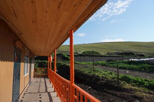 木质长廊外的田园风光