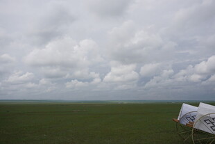 草原上的帐篷与多云天空