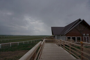 草原木屋旁的木质栈道
