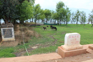 乡村墓地与远处吃草牲畜