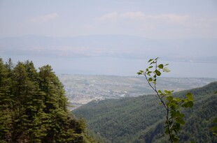 山间远眺城市与广阔水域