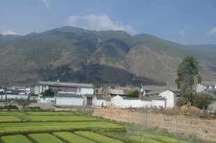 田园山村与远山风景图