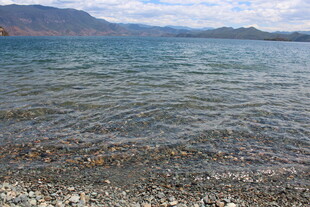 宁静湖畔的碎石与波光