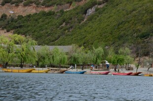湖畔多彩船只停靠于岸边