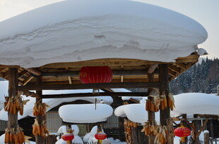 雪覆木屋前的喜庆景象