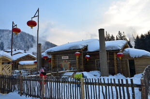 冬日雪中小镇木屋景致