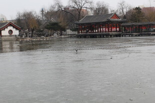 冬日湖畔中式建筑景观