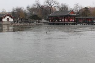 冬日湖畔中式建筑景观