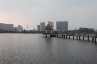 湖畔栈桥与远处城市风光