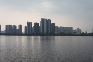 湖畔高楼林立的城市景致