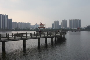 湖畔长桥与城市天际线