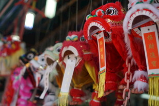 传统舞狮头饰悬挂展示